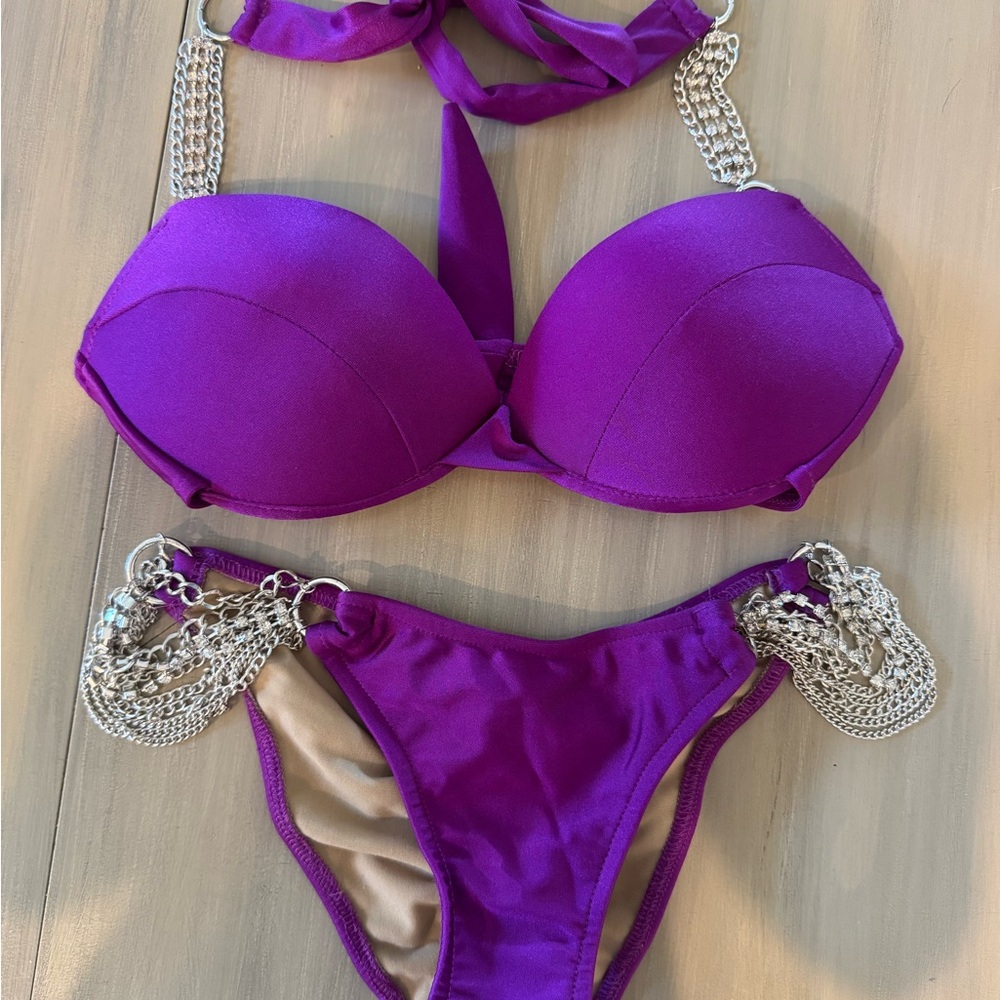Purple and Silver Bikini with Halter Straps Sz S